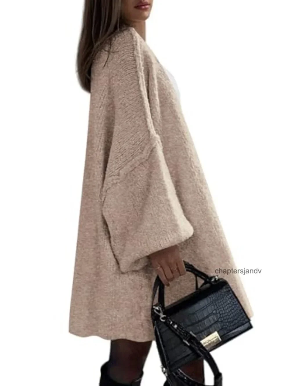 Oversized Long Cardigan Sweater Knit Polyester Blend Open Front V-Neck